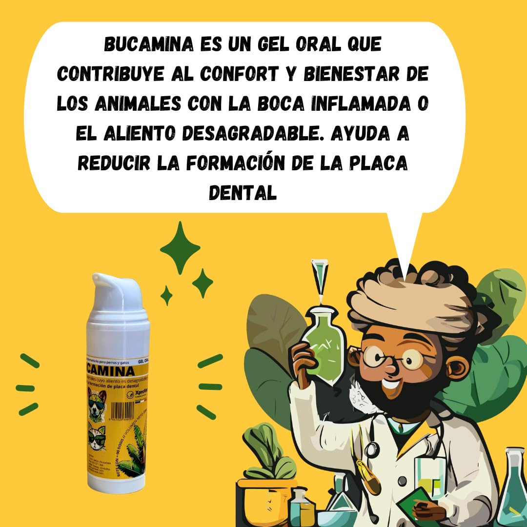 BUCAMINA. Gel para aplicar a la Boca y ENCIAS INFLAMADAS de Perros y Gatos. Ideal para Tratar Casos de GINGIVITIS. Elimina el Mal Aliento y Reduce la Placa Dental. 50 ml.