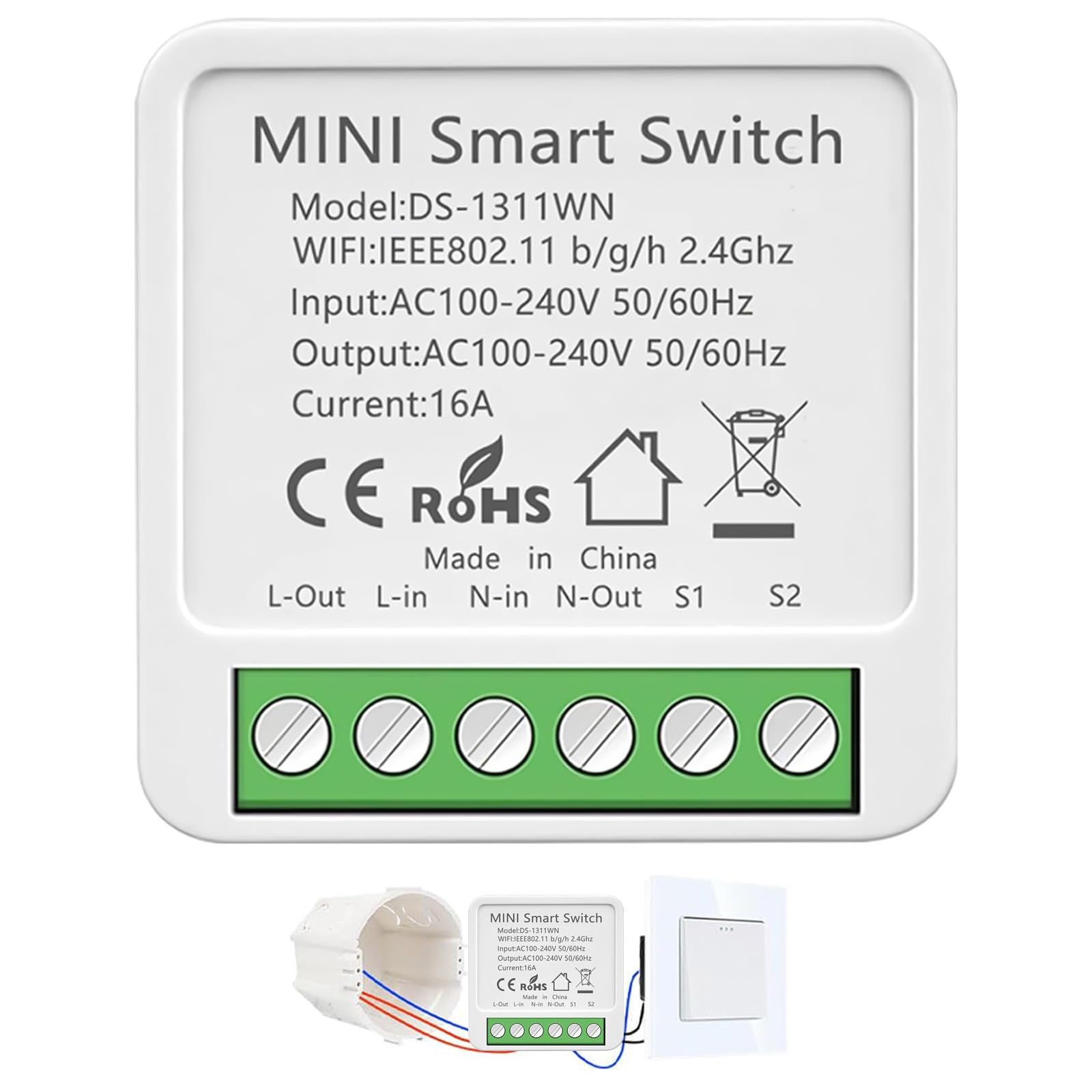 Interruptor WIFI, Interruptor Inteligente WIFI, Mini Smart Switch WIFI Compatible con Alexa,Tuya y Smart Life, Max 16A, 2.4GHz Interruptor Alexa