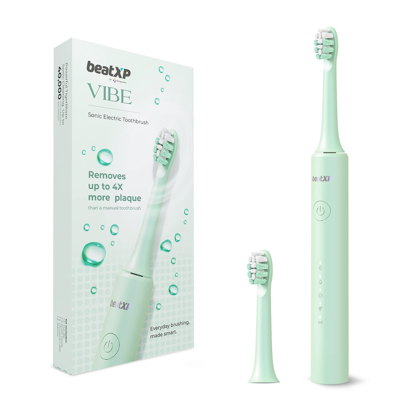 beatXP Vibe Electric Toothbrush for Adults with 4X Plaque Removal|Rechargeable Electric Toothbrush with 2 Brush Heads & 5 Cleaning Modes|40000 strokes/min with Long Battery Life Green