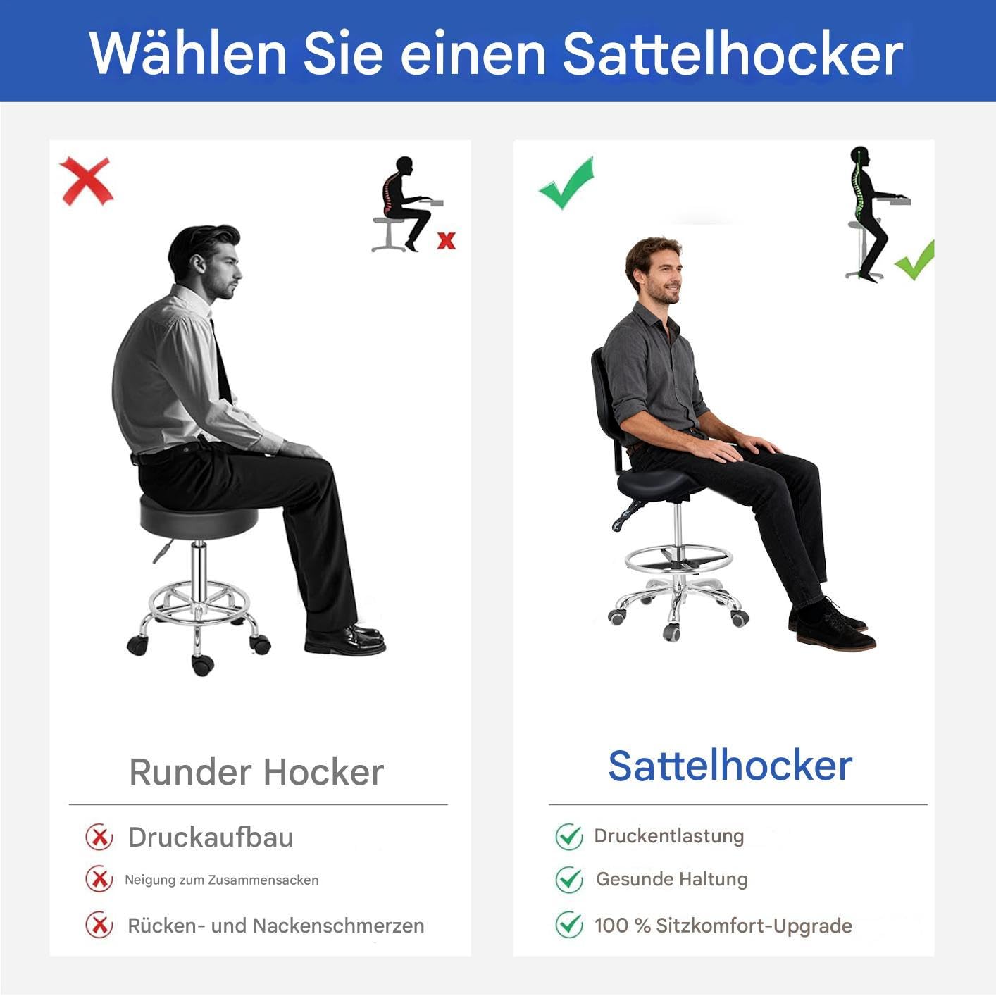 Sattelhocker Mit Rädern, Sattelhocker Mit Fußstütze Und Lehne, Verstellbarer Drehbarer Massagehocker, Tragfähigkeit 200 kg, Für Home-Office Beauty-Clinic Und Salon