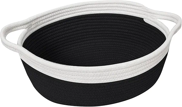 HONCESTA Woven Cotton Rope Gift Basket, Small Baskets for Gifts Empty, Cute Baby Nursery Basket, Pet Toy Storage Bin for Dog Cat, Decorative Wicker Home Organizer with Handles, 12"x 8"x 5", Black