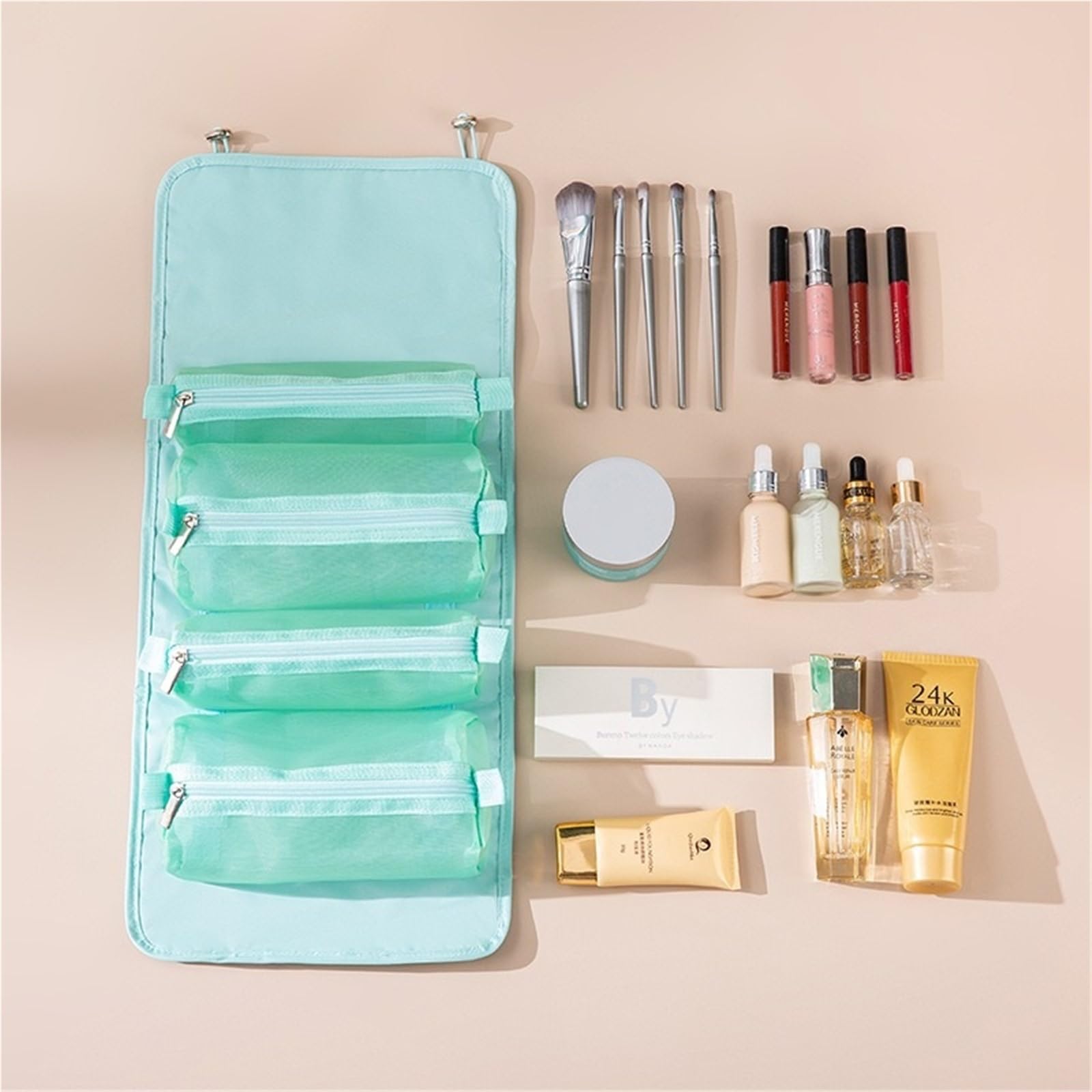 1 Uds Bolsa de cosméticos Desmontable portátil Gran Capacidad 4 en Bolsas Maquillaje Plegable Viaje Almacenamiento Aseo para Viajar(Green)