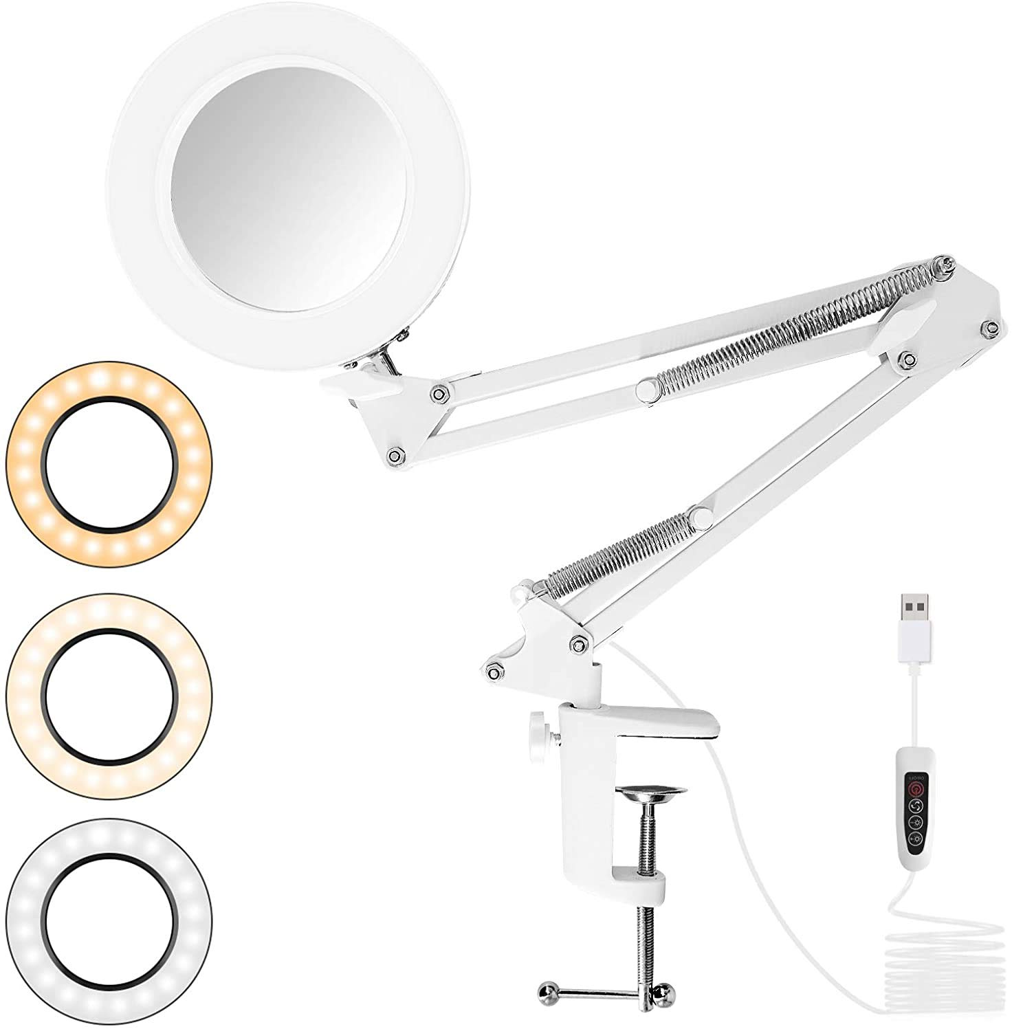 Ulable LED Magnifying Lamp Metal Swing Arm Magnifier Lamp With Light, Foldable Clamp Magnifying Lamp Stand, Magnifying Glass for Hobbies/Reading/Office/Work, White