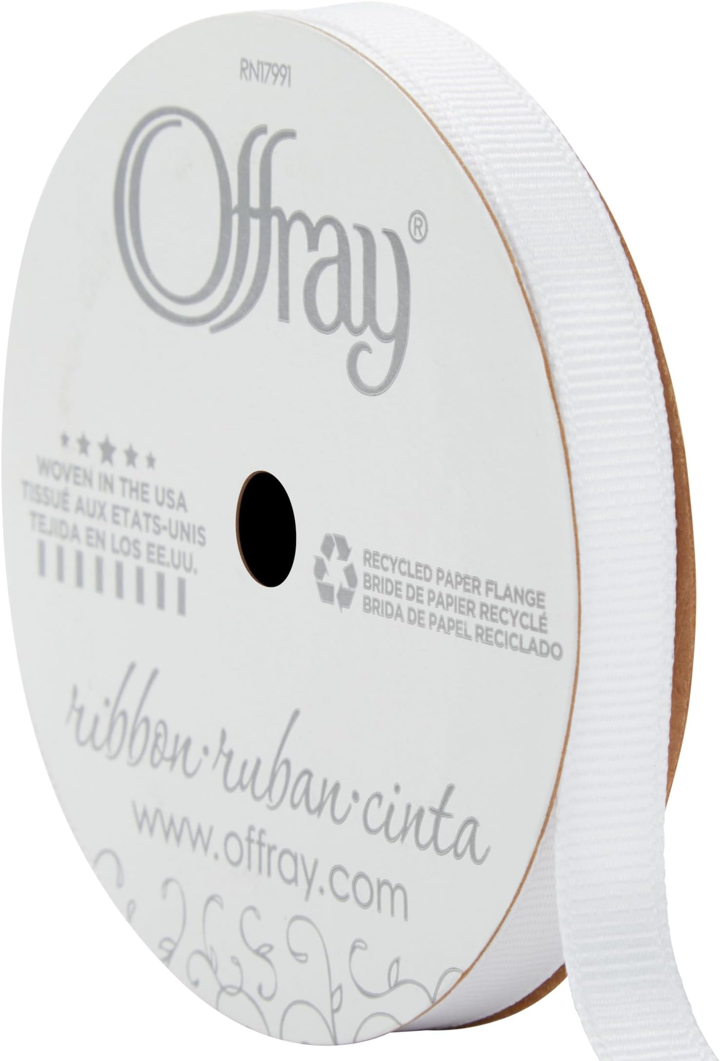 Offray Grosgrain Craft and Decorative Ribbon, 3/8" Wide, 21-Foot Spool, White (143986)