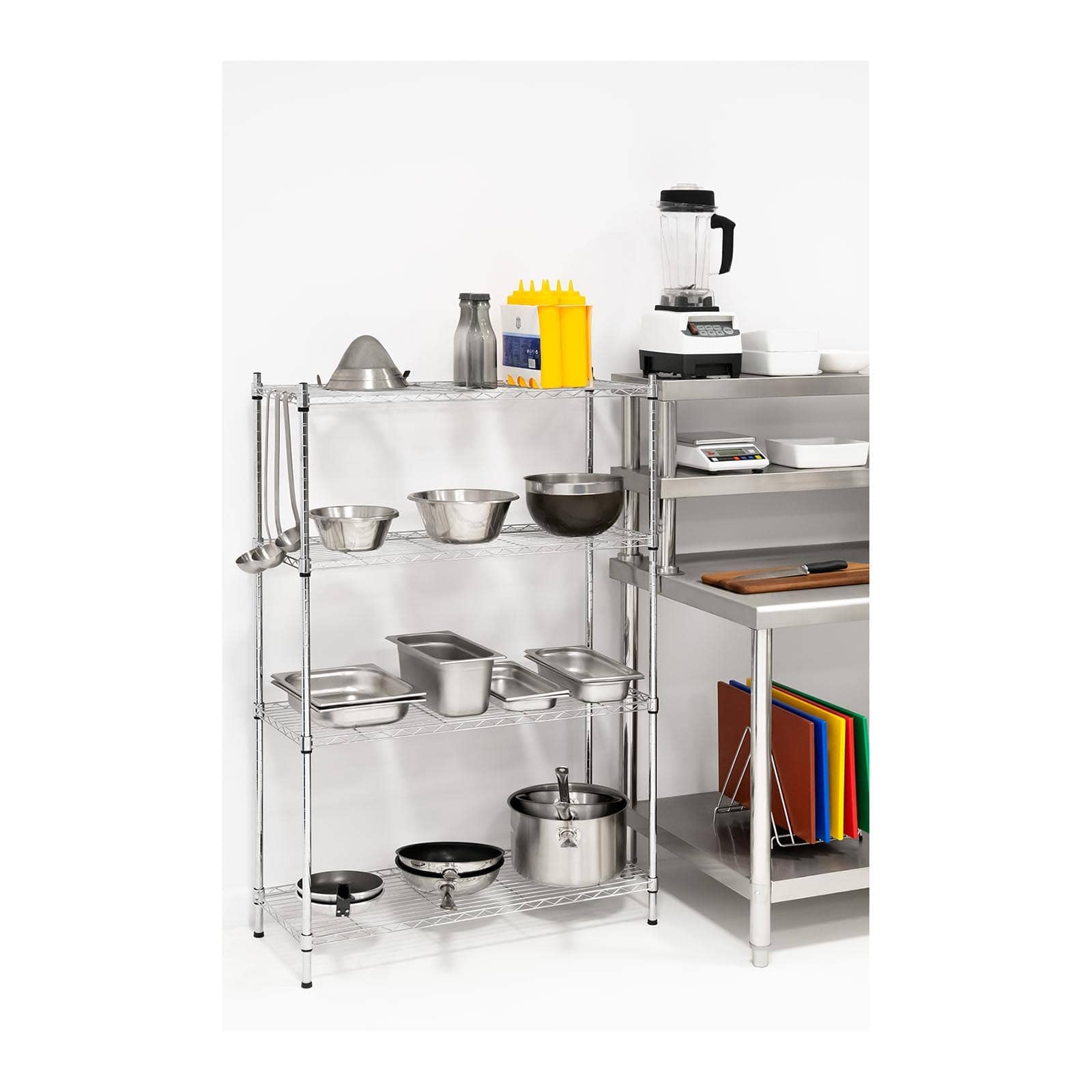 Royal Catering Scaffale Metallico Componibile Scaffalatura in Metallo RCMR-1370P19 (4 Ripiani, 120 kg, Metallo Cromato, Plastica)