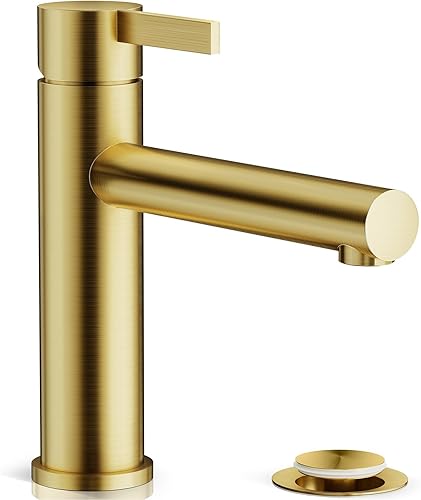 Phiestina Grifo de baño de oro cepillado de un solo agujero, grifo de un solo mango montado en cubierta de arco bajo con aireador de detective, con