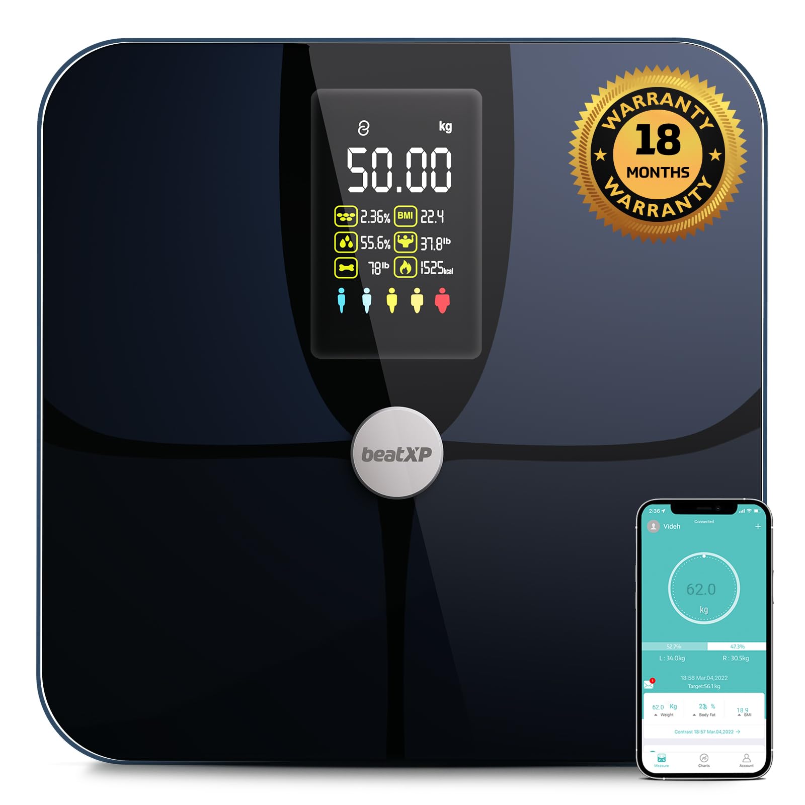 beatXP SmartPlus Pro BMI Weighing Scale with Bluetooth | Multi-user Body Fat Analyzer with 15 Key Indicators & High-Precision ITO Glass Sensors 18 Months Warranty by beatXP (B09WQDTMQ9) Amazon Price History, Amazon Price Tracker