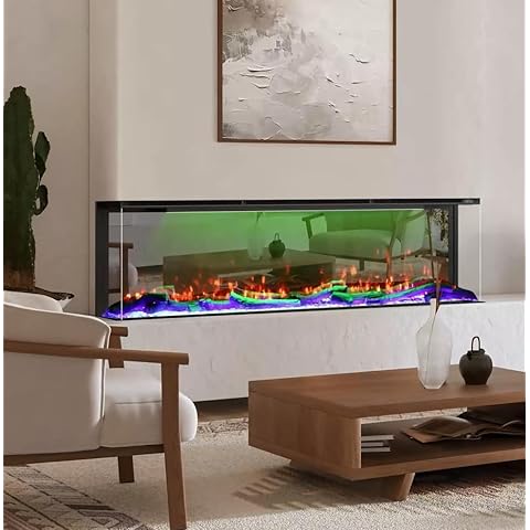 OSEYM 3 Sided Mirrored Electric Fireplace, 60" Smart Recessed Fireplace Insert Linear Fire Places Heater 1500/750W with APP & Remote Control, 3 Group Lights, 251RGB Color Combinations, Crystal & Log Cover