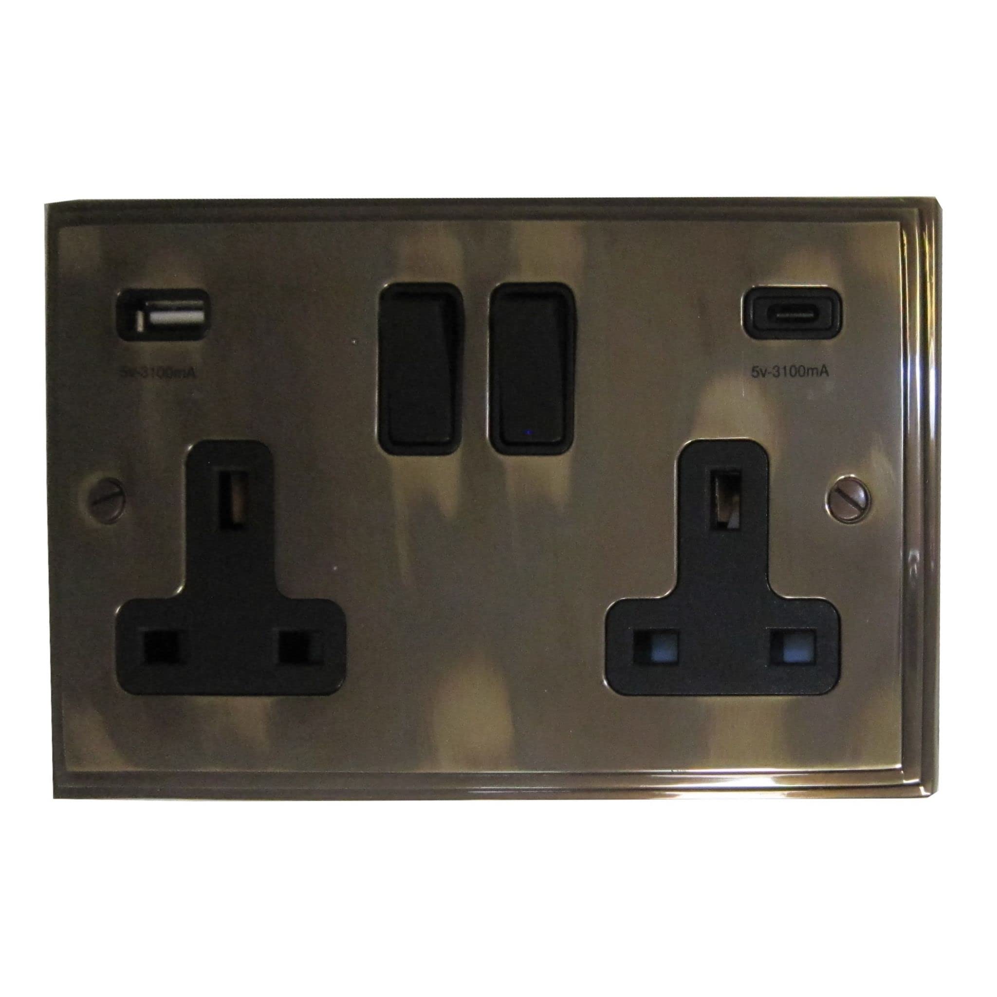 G&H Brassware G&H Van911b Victorian Polished Aged Brass 2 Gang 13A Plug Socket 3.1A Usb A + C