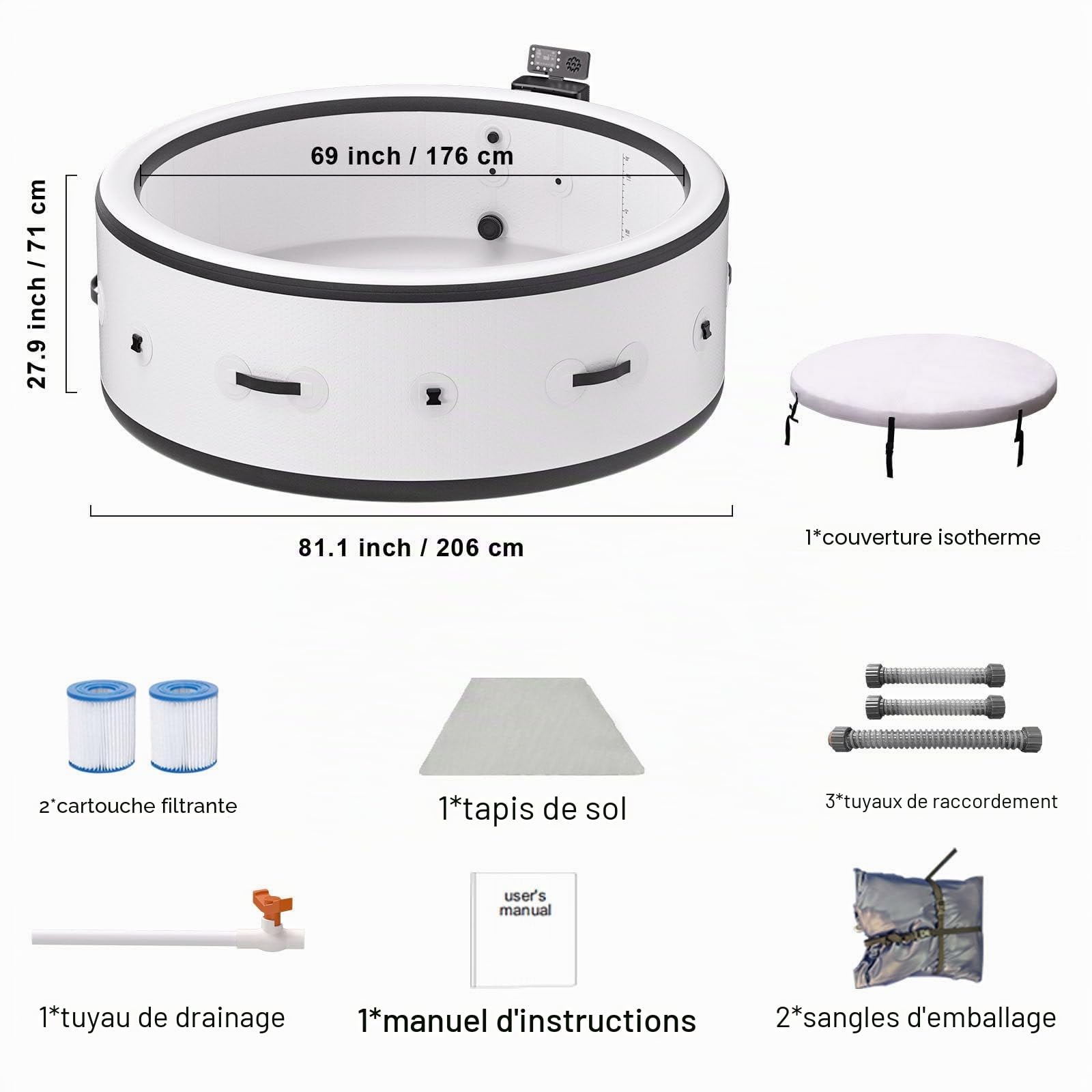Baignoire Gonflable 2500w, Spa avec Massage pour 4 à 6 Personnes, Bain à Remous Extérieur, 150 Jets De Massage Et Lumières LED, pour Terrasse, Jardin Et Espace Extérieur (206 X 206 X 71 cm)