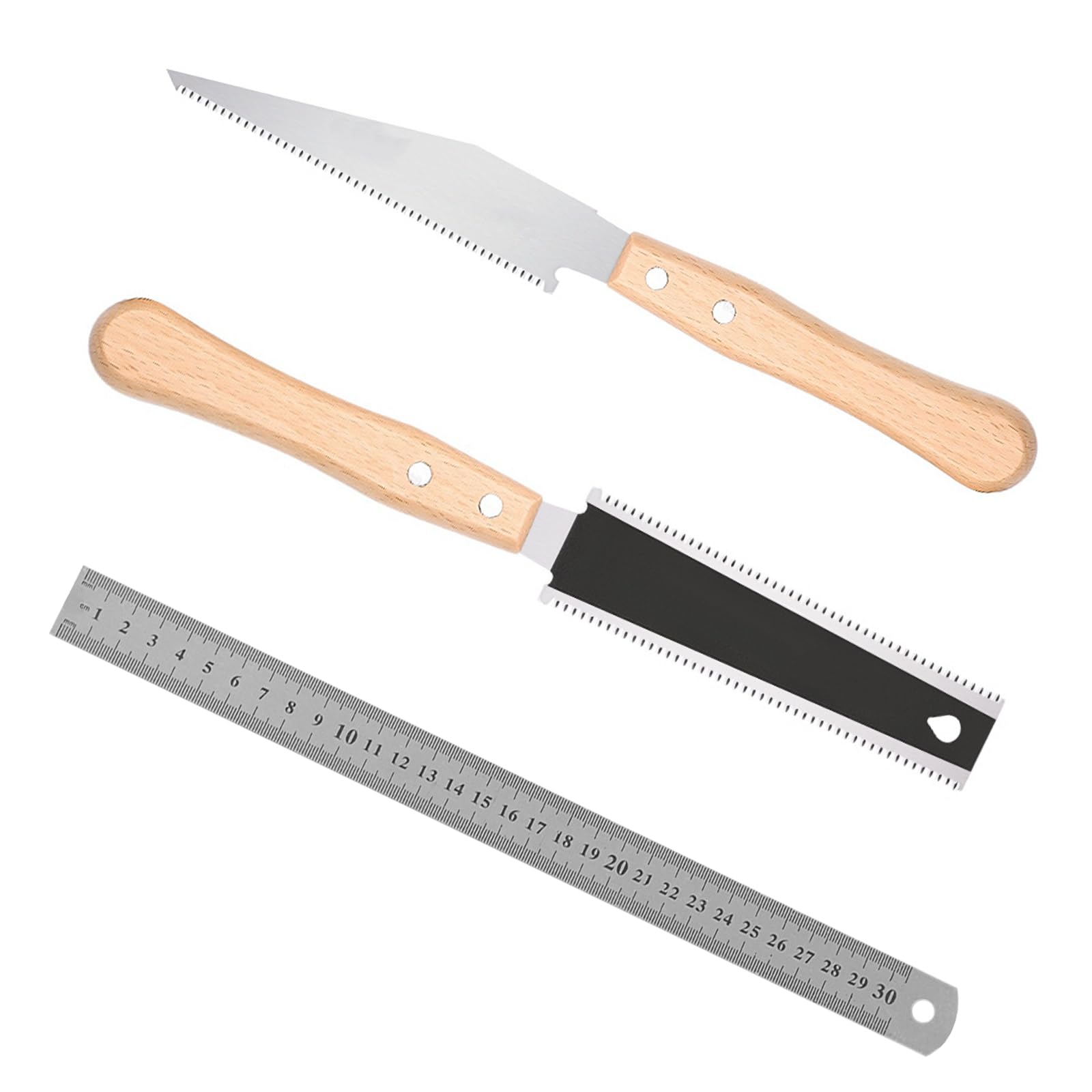 3PCS Japanese Saws for Woodworking with 1 PCS Stainless Steel Ruler, Double Edge Saw Portable Pull Wooden Handle Fine Tooth for DIY Woodworking Furniture Making