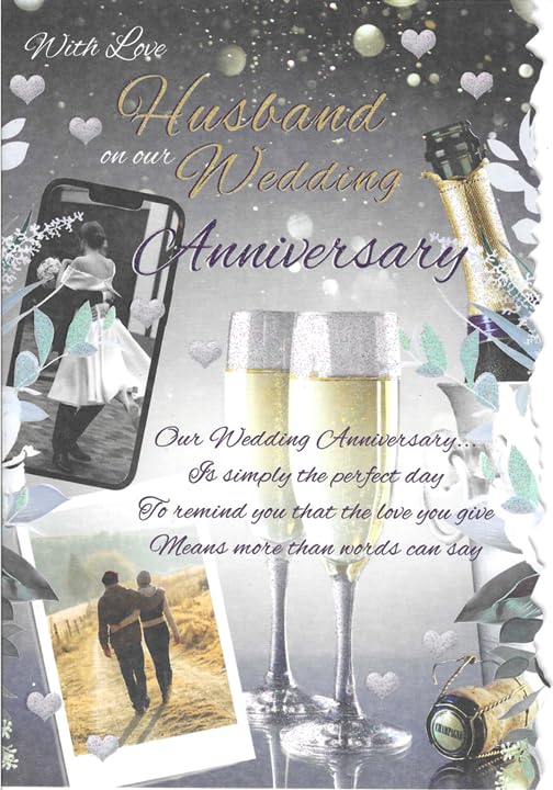 Husband Wedding Anniversary Card – Champagne Glasses & Romantic Photo Design – Large Luxury Anniversary Card with Sentimental Verse