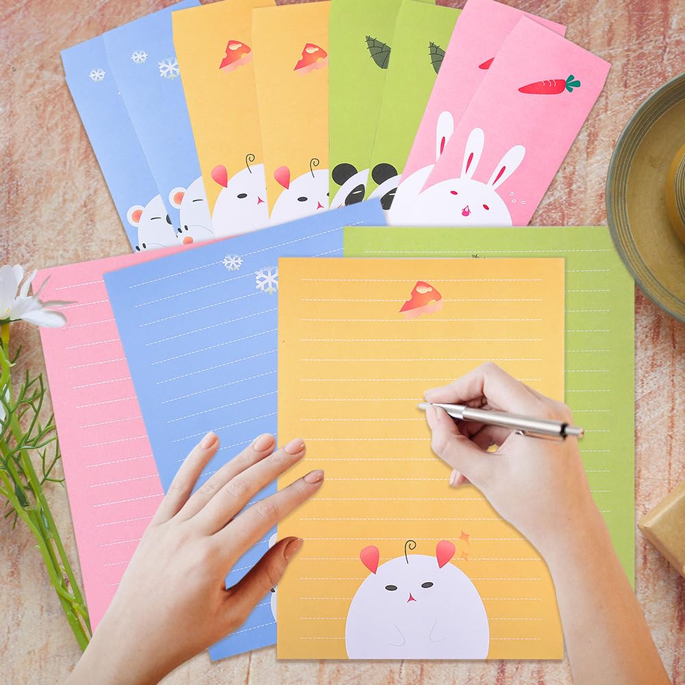 Set di Carta da Lettere e Buste Colorate 24+12 Animali Carini per Inviti Scuola Ufficio Casa Biglietti di Auguri (4 colori)