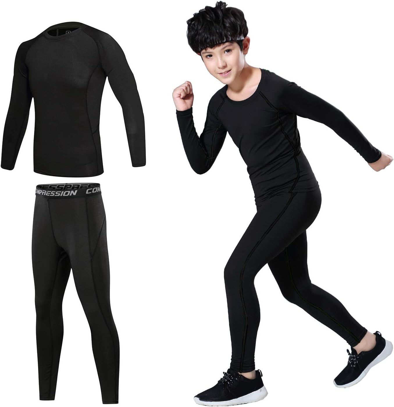 2/3/4 Pcs Boys Girls Base Layer Athletic Compression Leggings and Shirts Thermal Underwear Set Running Pants Tights - Image 2