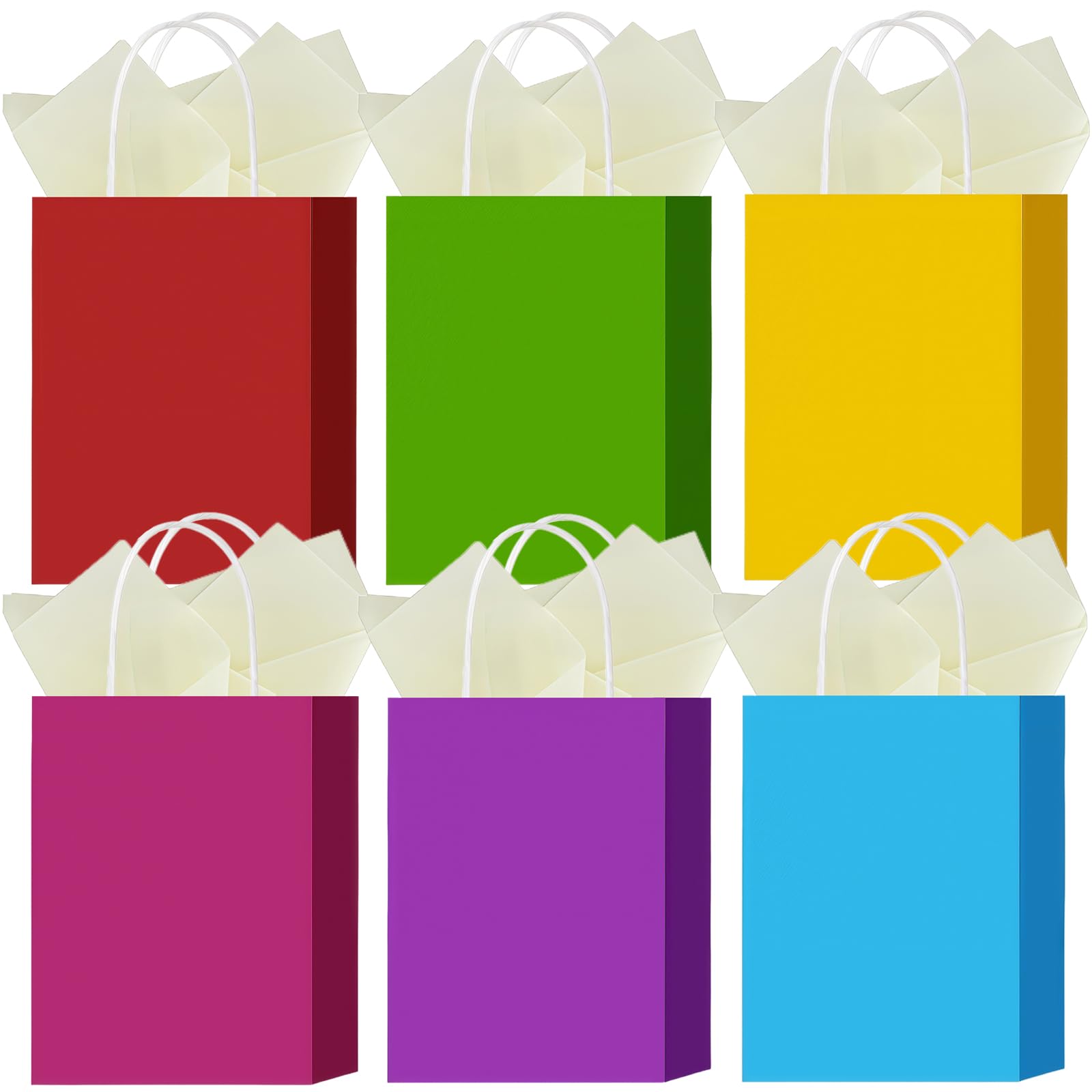 6 PCS Colourful Gift Bags with Handles and 6 Tissue Papers, Small Paper Party Bags for Birthday, Party Favours, Baby Shower, 22 x 16 x 8 cm