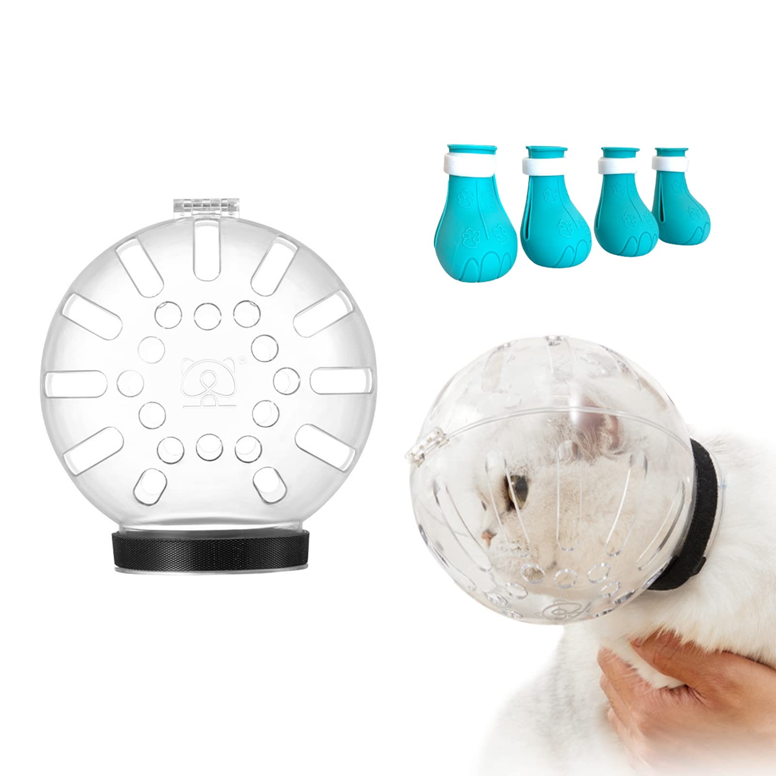 Cat Muzzle and Boots, Adjustable Helmet for Grooming, Breathable Hood Face Mask for Shaving Head Bubble Cover, Anti Bite Headgear Cat Holder for Bathing