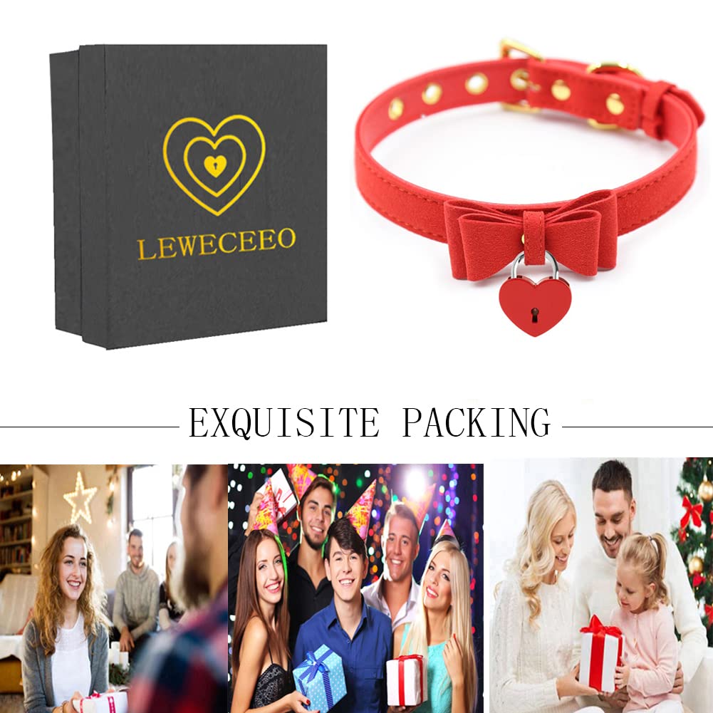 LEWECEEO Women Heart Lock Collar Necklace Choker with Bell Bow Cosplay Necklace: Red