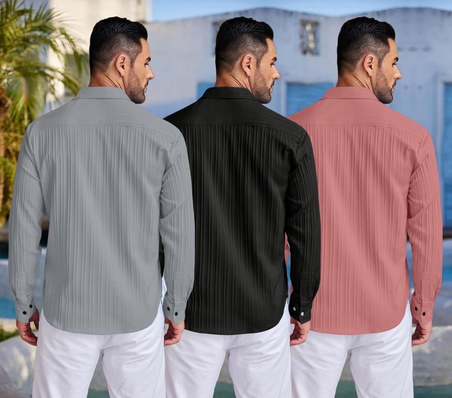 Image of FINIVO FASHION Combo of Men's Casual Cotton Plain Button Down Shirt Long Sleeve Textured Summer Beach Shirt for Men Pack of 3