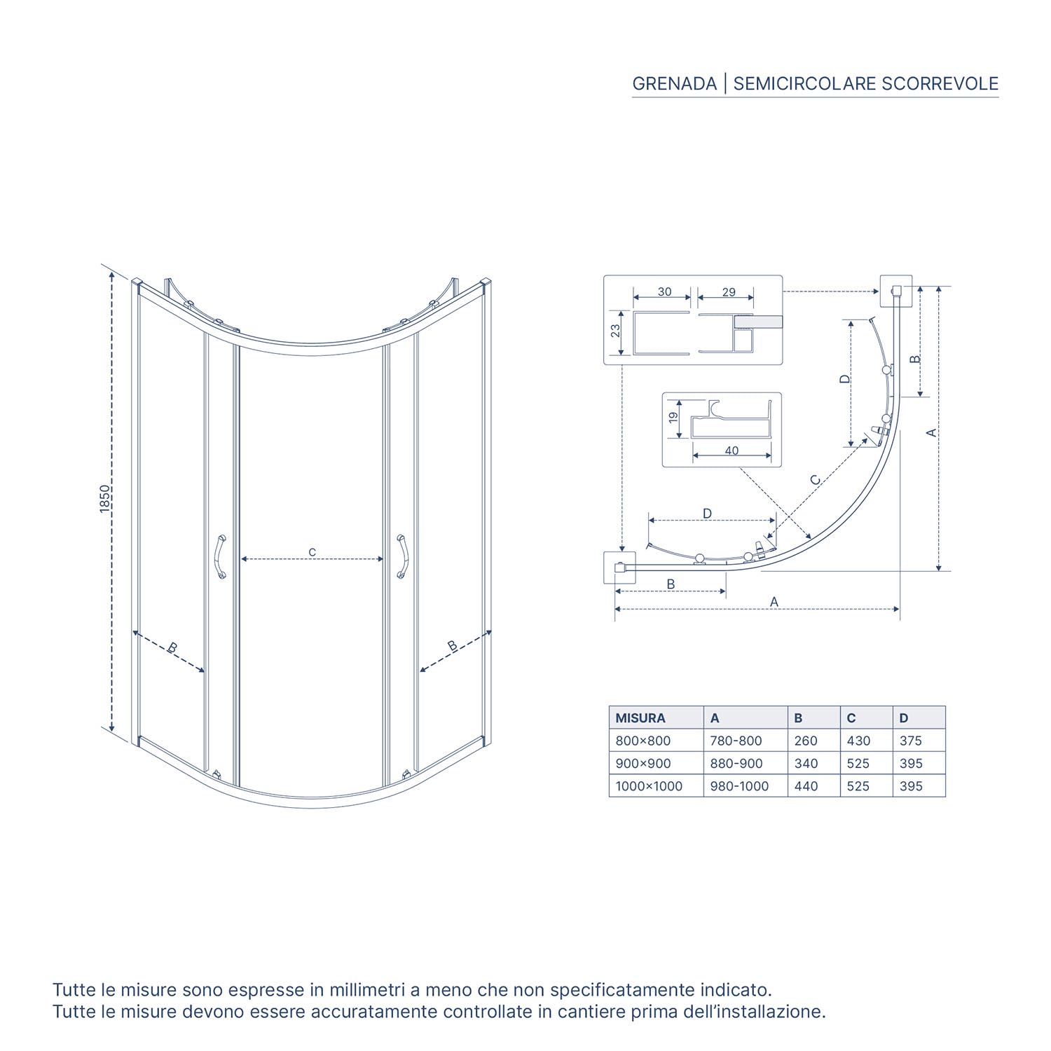 Box Doccia Semicircolare Vetro 4 mm Profili Bianchi h185cm mod. Grenada (Vetro Trasparente, 90x90)