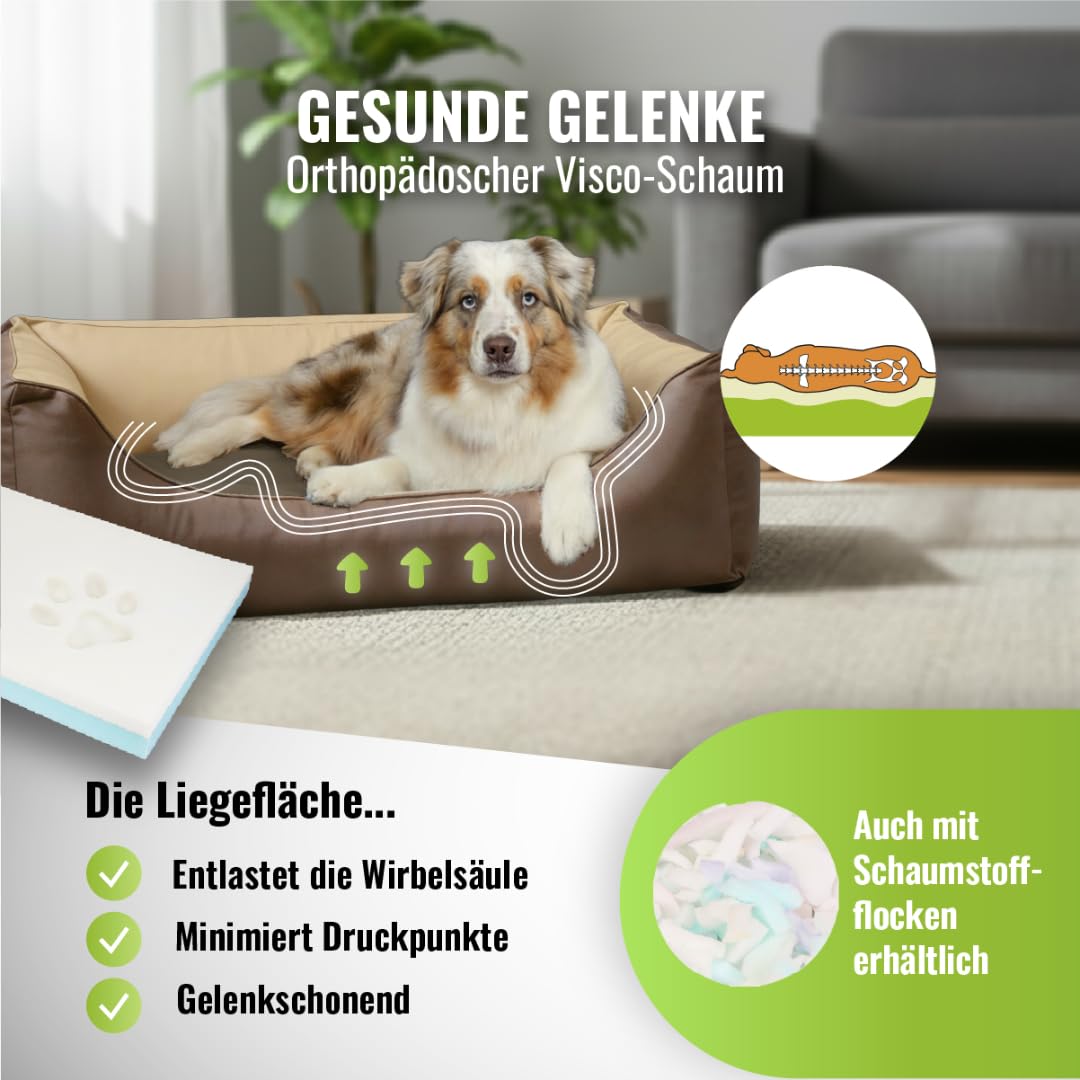 CopcoPet Orthopädisches Hundebett Kunstleder kleine Hunde – Waschbares Hundekissen 【Wendebett】 Hundebett Leder - Formstabiles Hundesofa - Hundekörbchen mit erhöhten Rand, Dog Bed Mocca 70 x 55 cm
