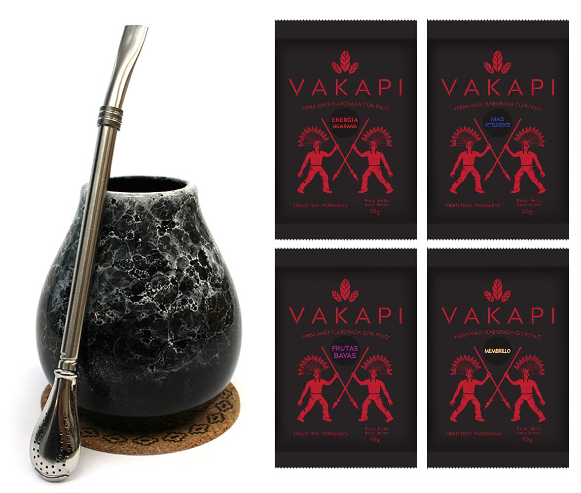 Yerba Mate Tea Starter Set with Mate Green Fuerte 400 g, Ceramic Mate Tea Cup Marmol 350 ml, Brazilian Mate Tea with Herbs, Stainless Steel Drinking Straw Bombilla Liza and Cork Pad