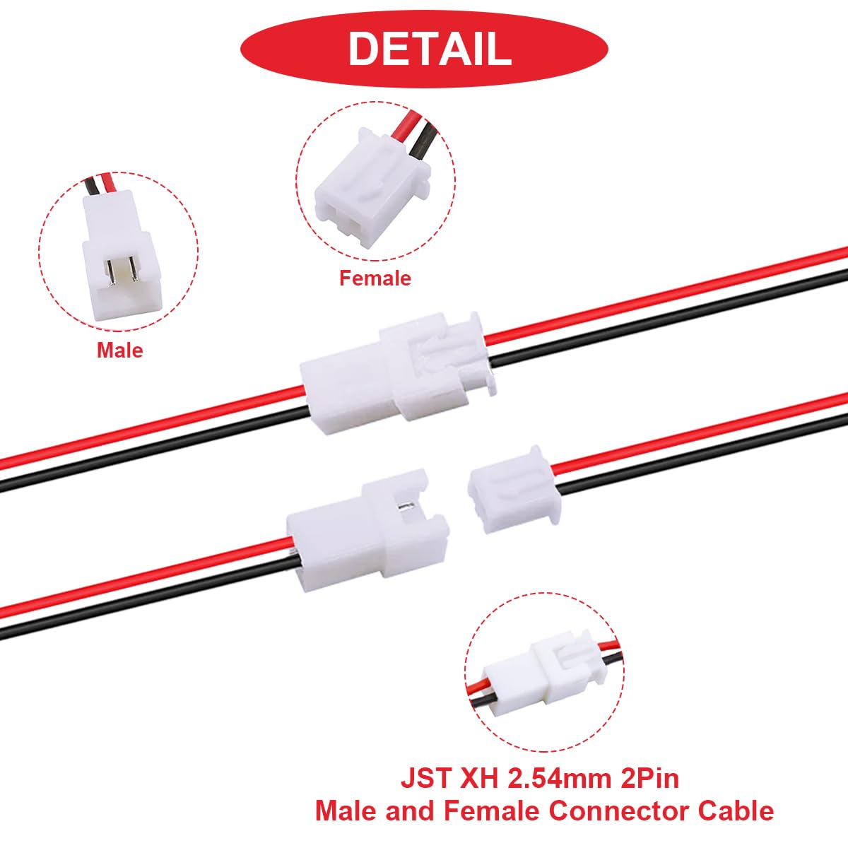 JST XH 2,54mm Stecker Set - 10 Paar 2-polig Mit 100mm Kabel