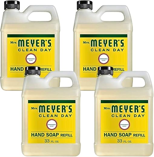 Mrs. MEYER’S CLEAN DAY Hand Soap Refill, Made with Essential Oils Honeysuckle, 33 Fl Oz (Pack of 4)