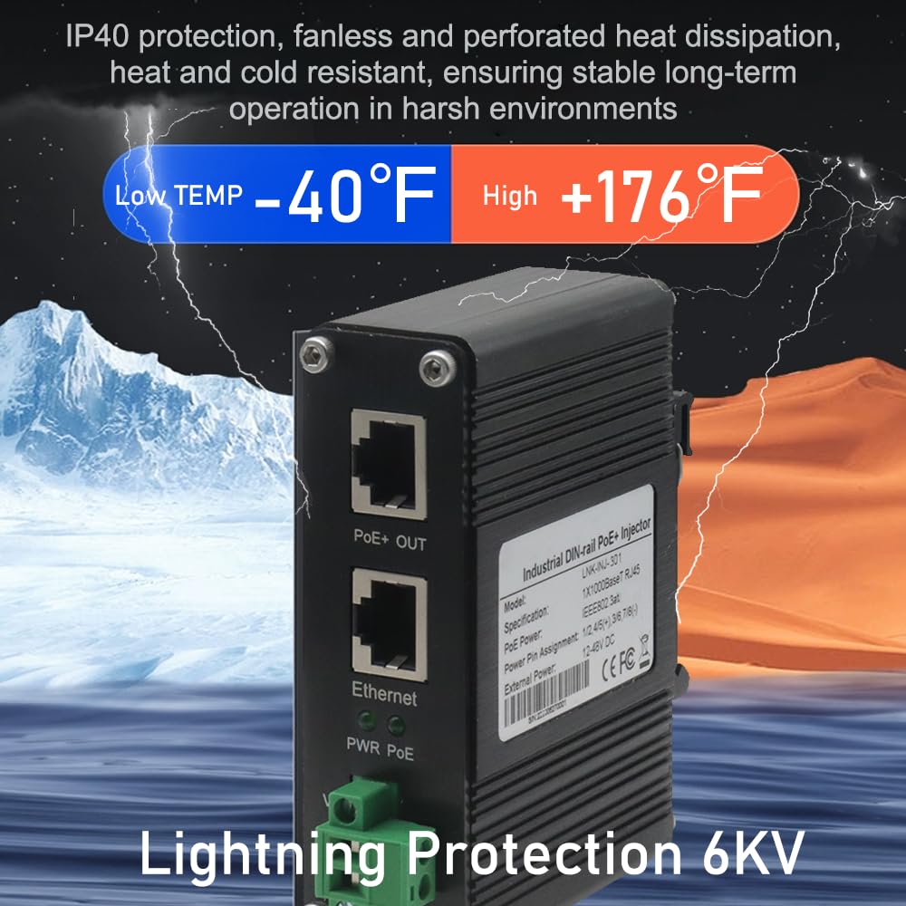 Iniettore industriale Gigabit PoE+, 30W IEEE 802.3af/at, ingresso 12-48VDC, montaggio su guida DIN/parete, protezione da sovratensioni 6KV, per telecamera IP