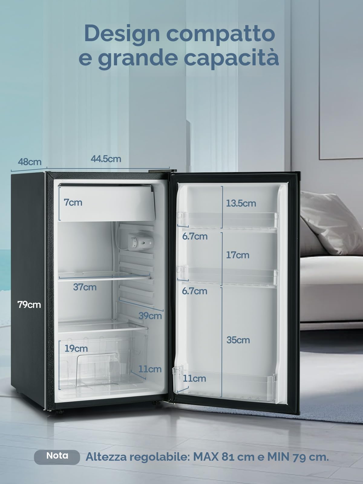 FOHERE Frigorifero Piccolo 91L con Freezer, Frigorifero Monoporta, Silenzioso, 7 Termostato Regolabile, Scomparto per Verdure, Mini Frigo da Ufficio, Camera, Nero
