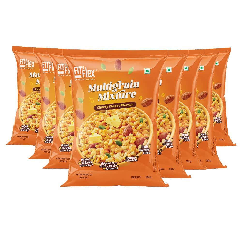 Fit & Flex Multigrain Mixture - Zero Cholesterol - Oat Rich, Extra Baked and Crunchy Snack - Cheesy Cheese (100gm x 8) - High Dietary Fibre - All-time Party Snack - As Seen on Shark Tank India - Pack of 8, 800 Gm