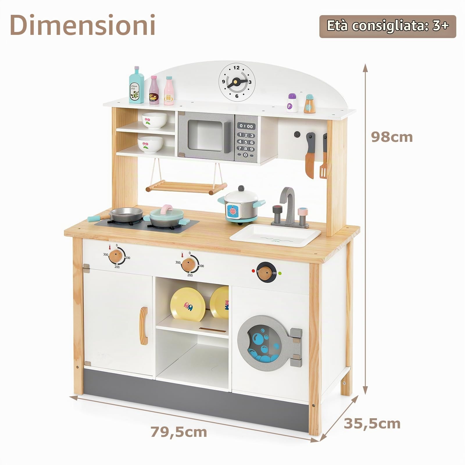 HOMASIS Cucina Legno per Bambini con Grembiule e Cappello da Cuoco, Cucinetta per Bambini Legno, Cucina Giocattolo per 3+ Anni, 79,5 x 35,5 x 98 cm