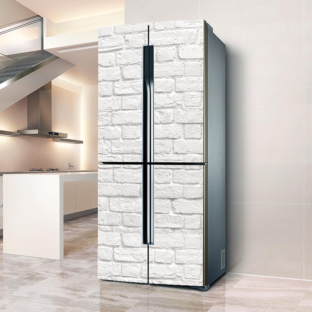 Myxjx White Fridge Wrap, Full Covering Door Fridge Covers Skins Wall Stickers For Kitchen Decal, Retro Brick