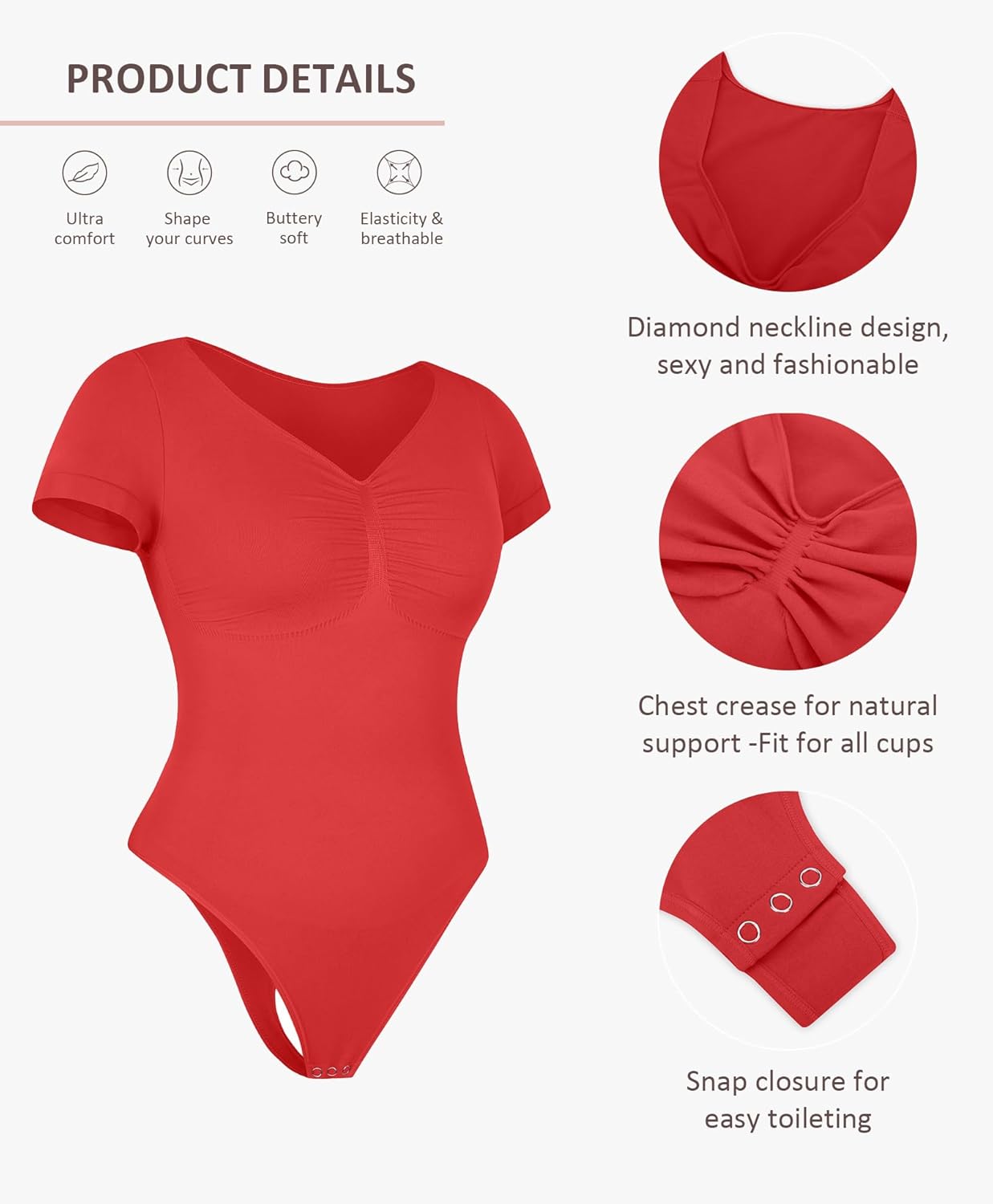 FeelinGirl Short Sleeve Bodysuit for Women V Neck Tummy Control Shapewear Seamless Thong Body Suits Tops - Image 4