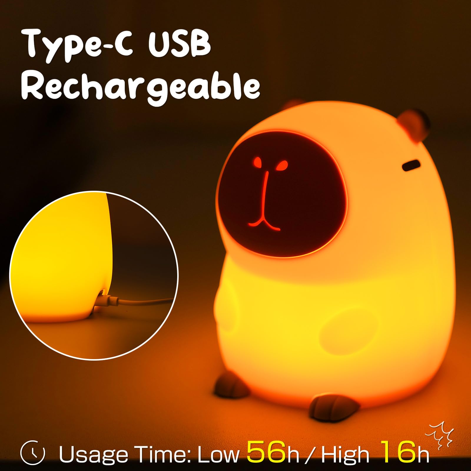 Capybara noche luz linda suave silicona niños habitación noche luz regulable animales noche luz con temporizador y grifo control, regalo de Navidad