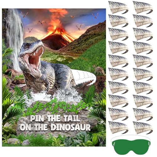 Faccito Pin Tail on Dinosaur Birthday Games Dino Party Decorations Large Poster with 24 Dino Tails Stickers Blindfold Pin The Tail Games for Dinosaur Birthday Party Decorations Activities Supplies