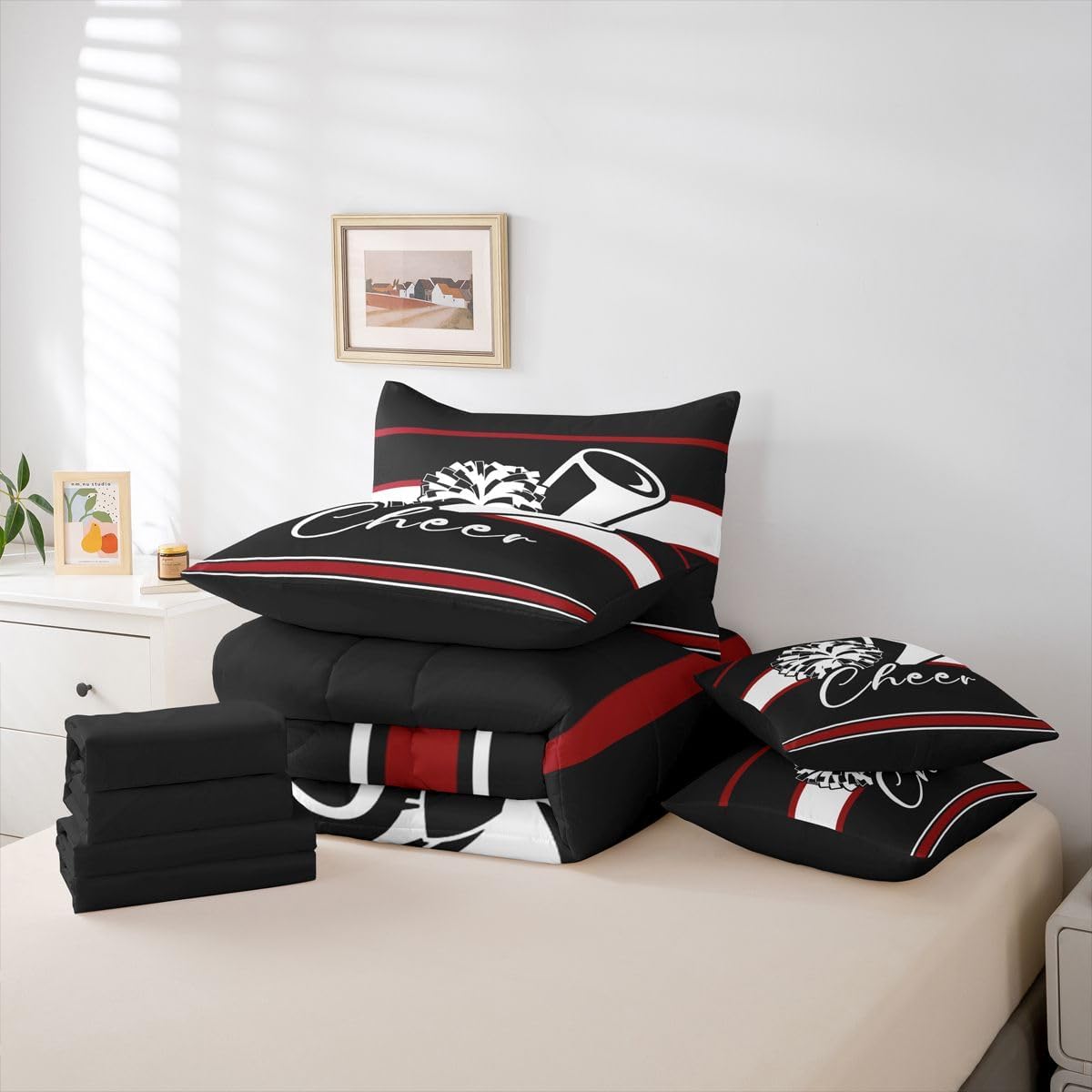 Feelyou Cheer Queen Comforter Set with Sheets for Kids Boys Girls Cheerleader 7 Pieces Bedding Set Sport Cheerleading Team Bed in a Bag Black Red Room Decor Soft Lightweight Microfiber