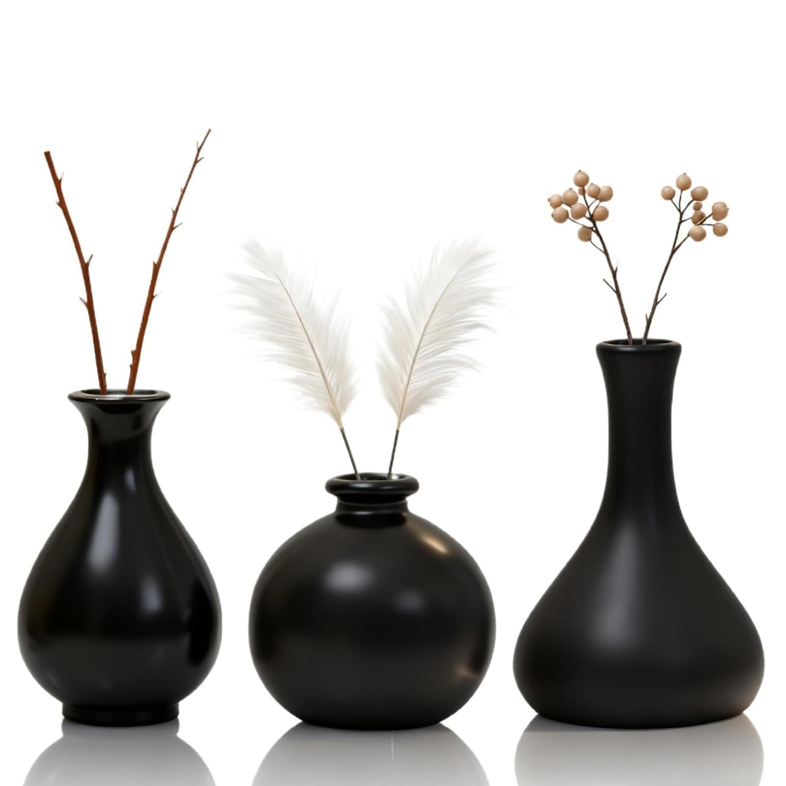 Vase en céramique noir : lot de 3 petits vases stables pour sublimer un meuble vide