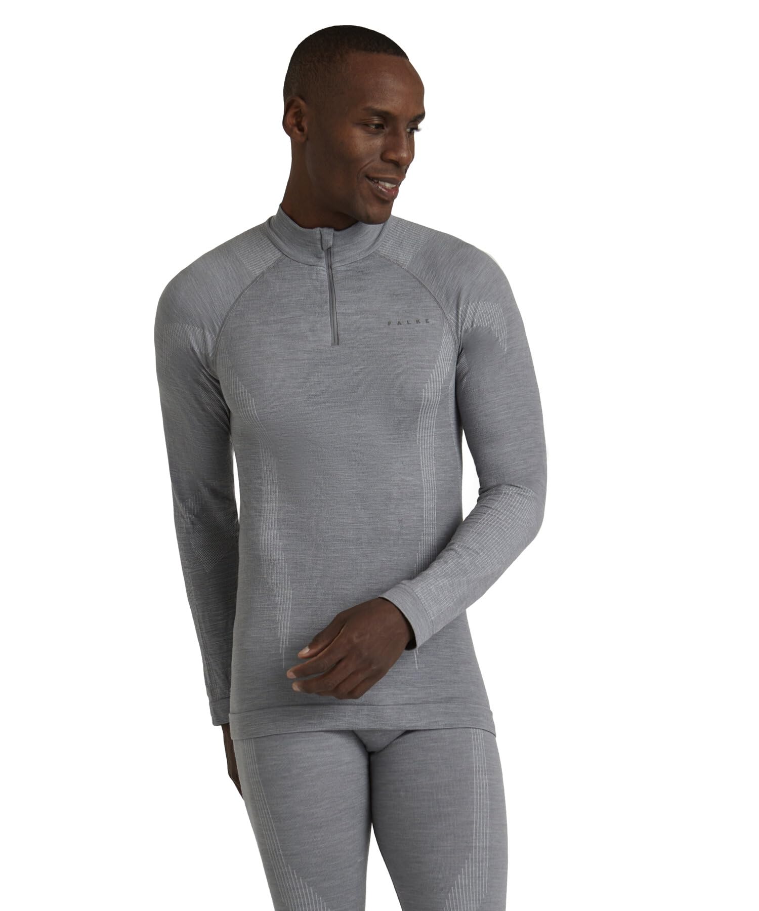 FALKE Mężczyźni Warstwa podstawowa (góra) Wool-Tech High Zip Neck M L/s Sh wełna materiał funkcjonalny szybkoschnące ciepłe 1 Sztuka, Szary Grey-Heather 3757, M