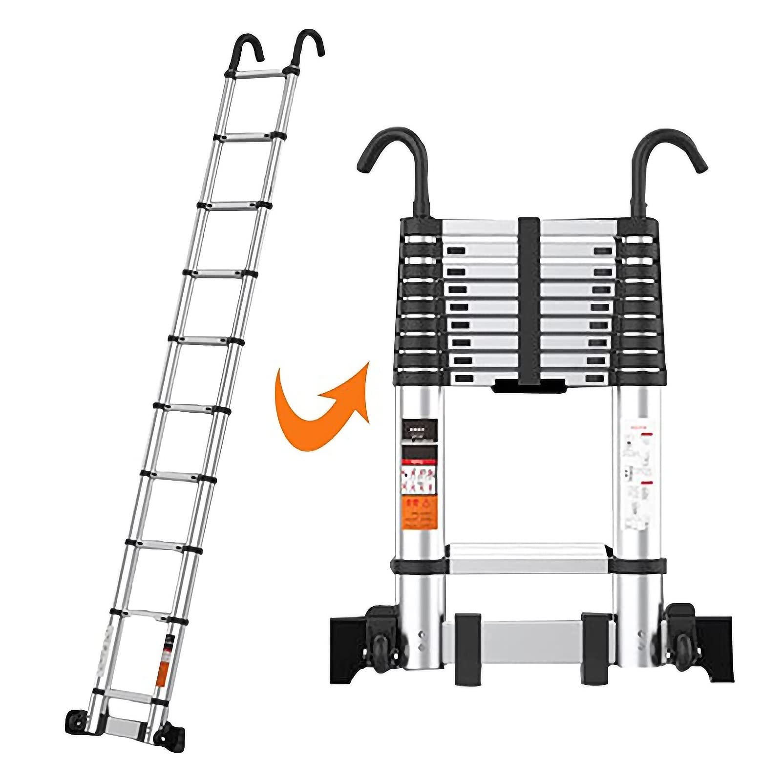 PTY Telescopic ladder 2.6m/3.4m/3.8m/4.6m/5m/5.4m/5.8m/6.2m/7m Extension Ladder with Removable Hooks and Stabilizer, Loft Aluminium Heavy Duty Telescoping Ladder