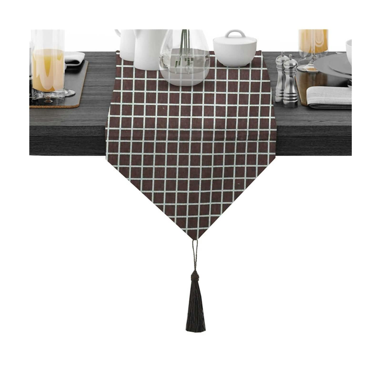 WXKAGF Runner da tavola, Runner da tavola con Decorazioni Natalizie, Motivo a griglia con Nappa, Runner da tavola in Cotone, Decorazione da tavola Lunga, Marrone Scuro, 30 x 160 cm