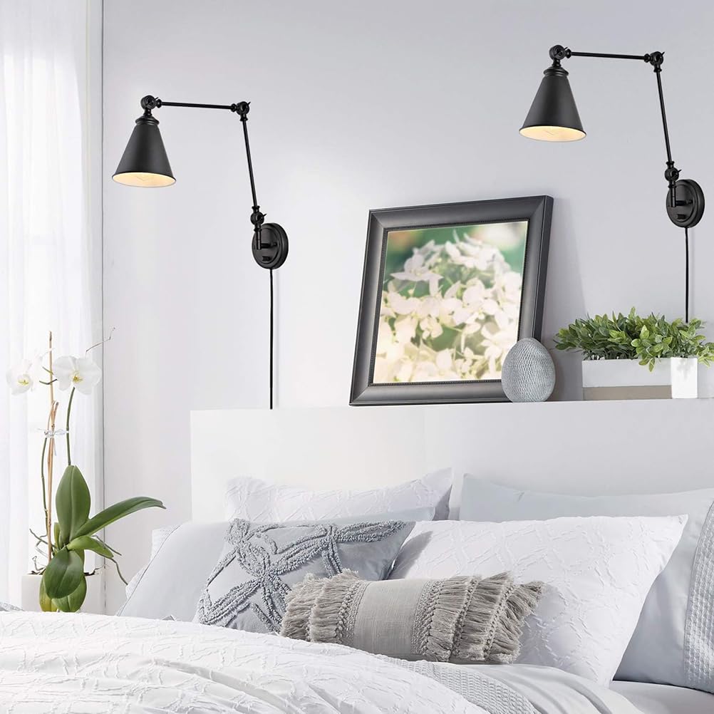 2 sztuki regulowanych kinkietów z długim ramieniem i przełącznikiem, ściemnialna lampa ścienna w stylu vintage, lampa do czytania E27 do użytku wewnątrz, z obrotowym ramieniem, z wtyczką i kablem 1,8