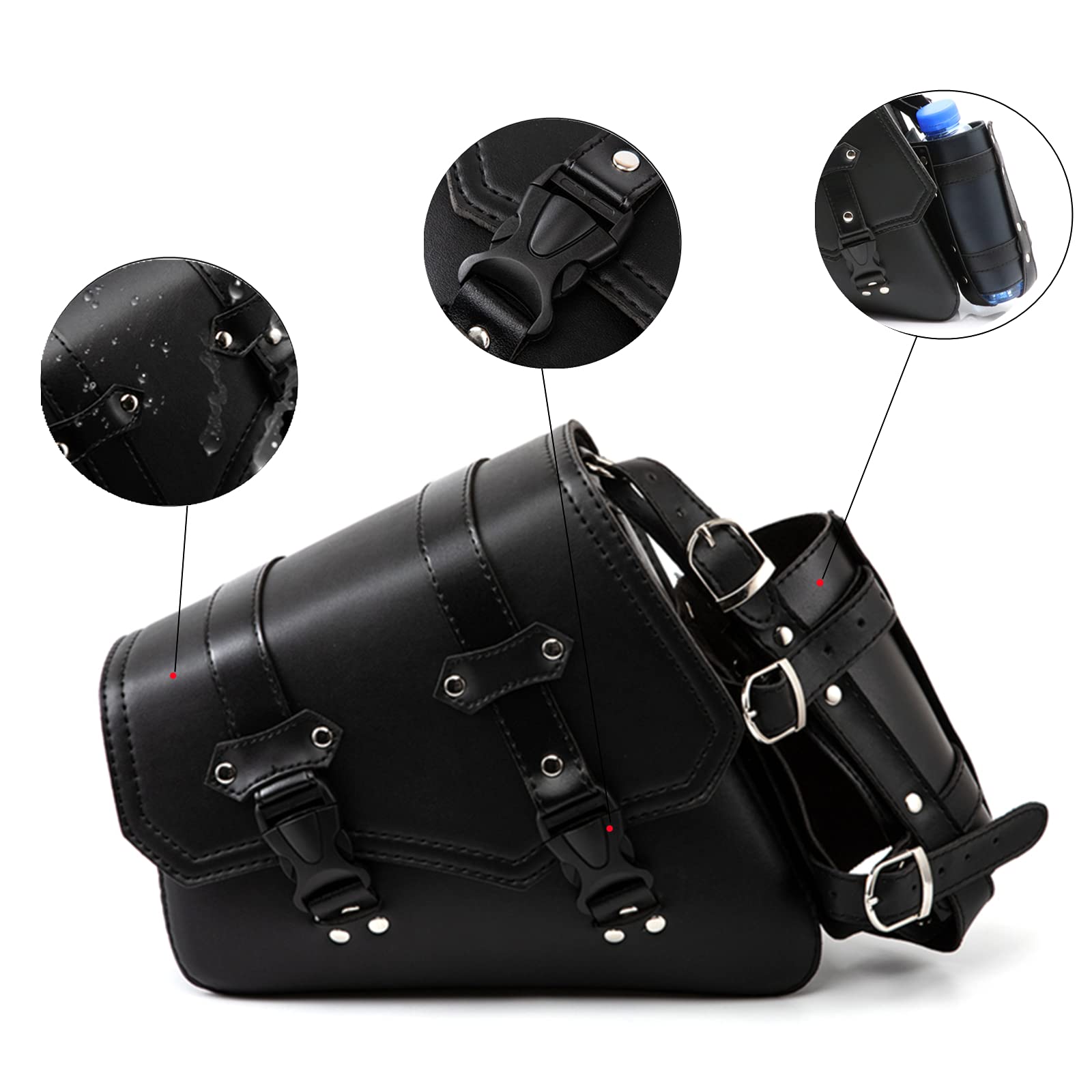 Motorrad Satteltaschen - Vintage Schwarz PU Leder Schwingentasche Seitentaschen Dreieckige Gepäck Werkzeugaufbewahrungstasche mit Wasserflaschen Getränkehalter - Linke Seite