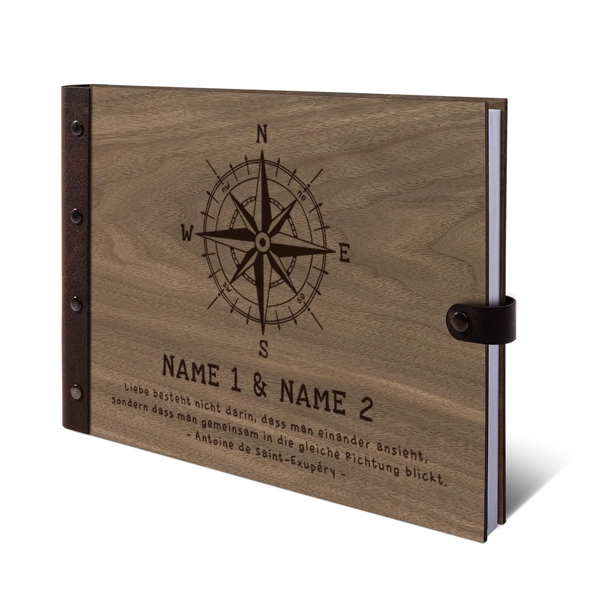 Personalisiertes Hochzeit Gästebuch echtes Holz DIN A4 Hochzeitsbuch mit Lasergravur - Kompass - mit 72 Blatt / 144 Seiten Naturpapier Weiß