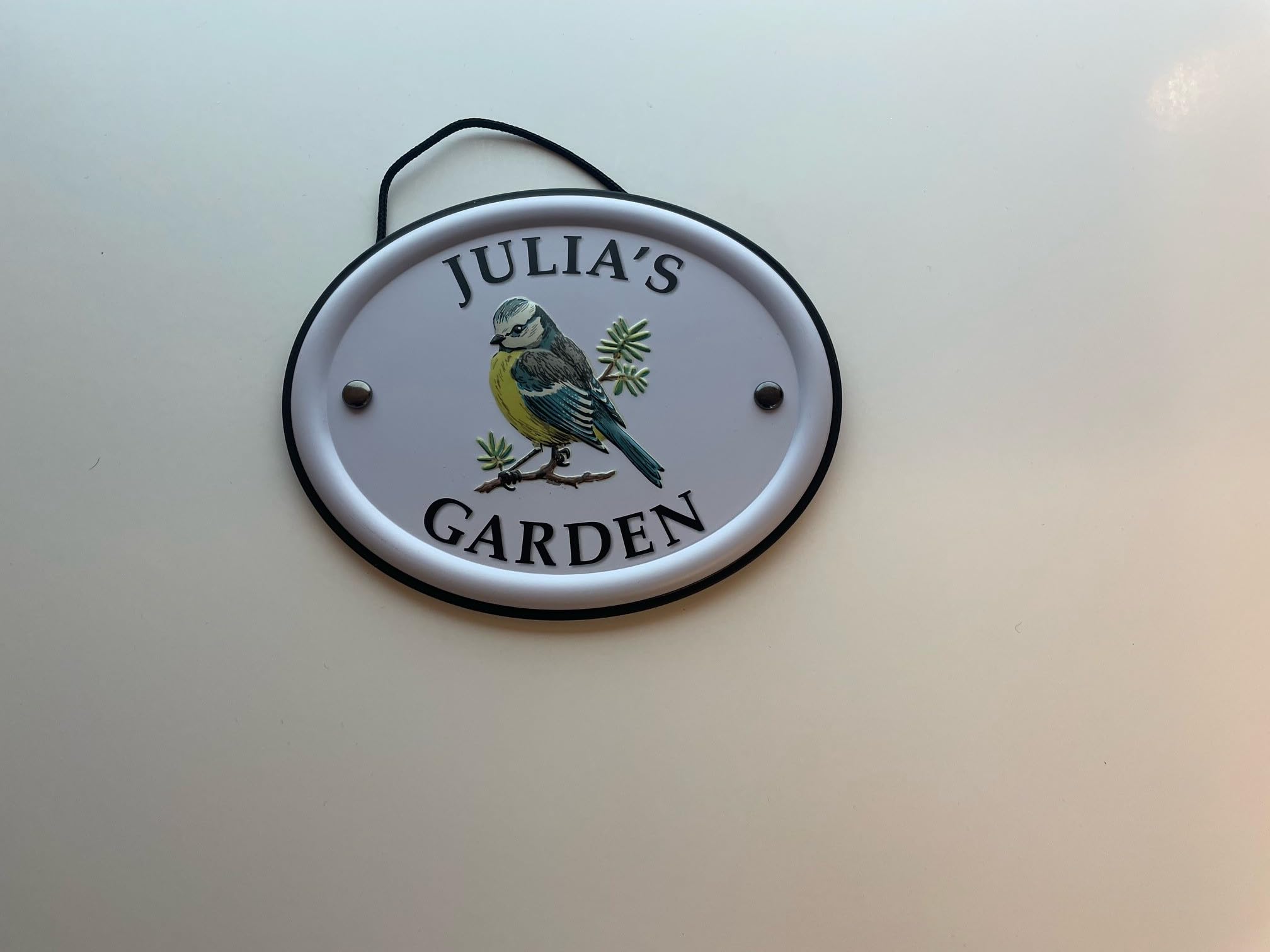 Personalised Embossed Metal Garden Sign 12x15cm – British Bird Design – Outdoor Decorative Hanging Garden Plaque – Weatherproof Metal Sign for Garden Walls Fences or Sheds (Julia)