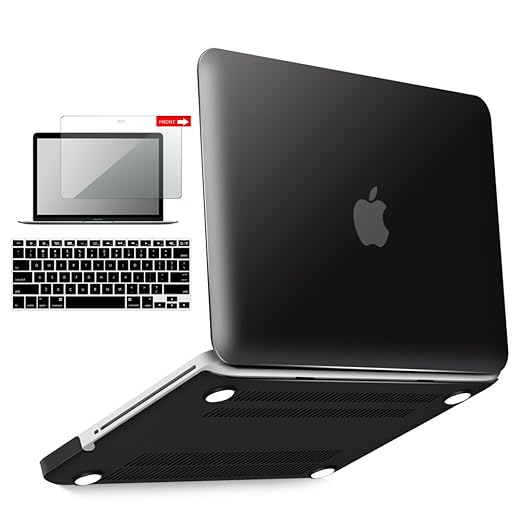 IBENZER Compatible with MacBook Pro 13 Inch case A1278 Release 2012-2008, Plastic Hard Shell Case with Keyboard Cover & Screen Cover for Old Version Mac Pro 13 with CD-ROM, Black, P13BK+2A