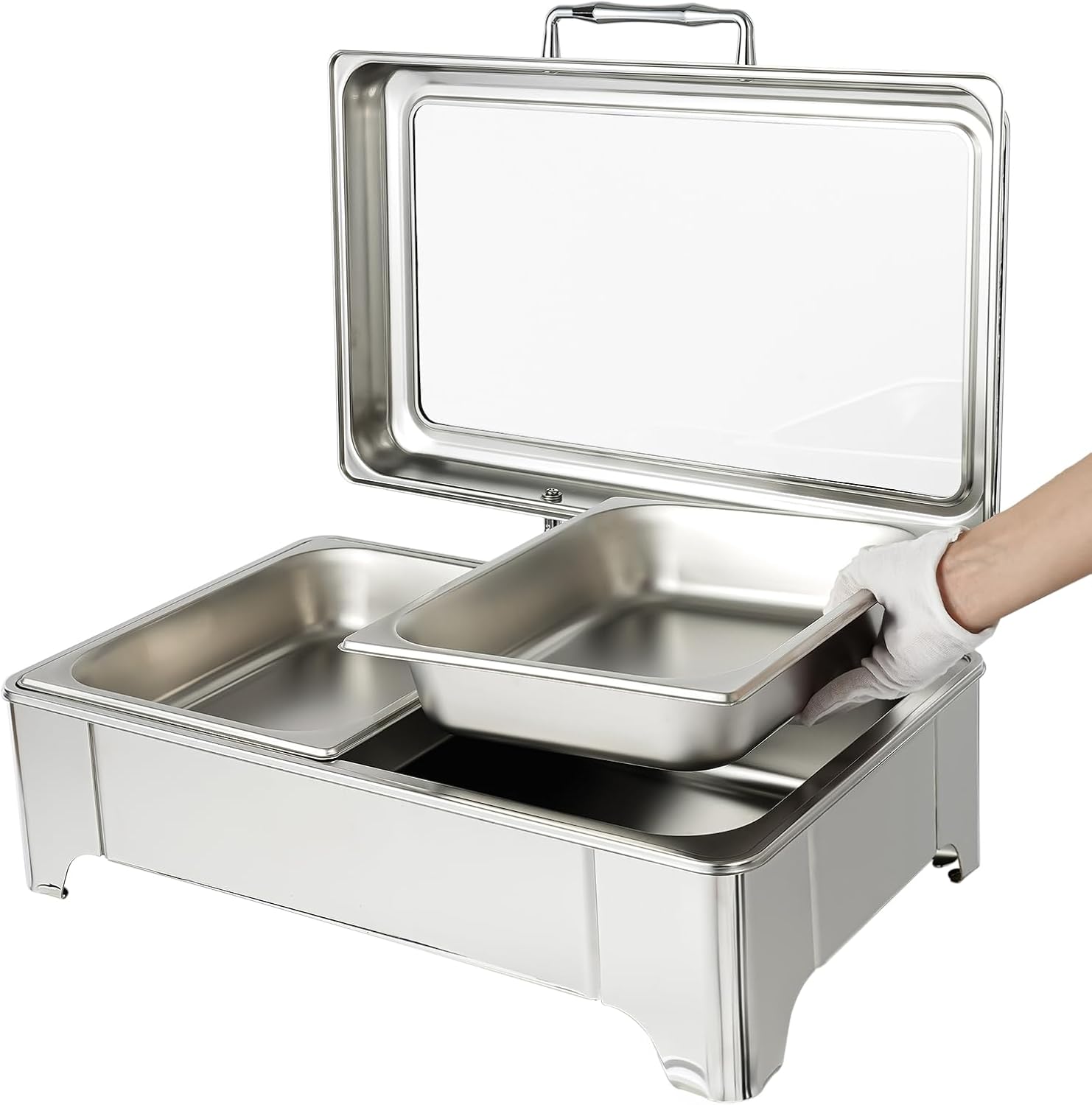 9.5Qt Electric Chafing Dishes, 400W 110V Stainless Steel Food Server Buffet Stove Square Double Compartment with 9 Gears Temperature Control & Glass Lid