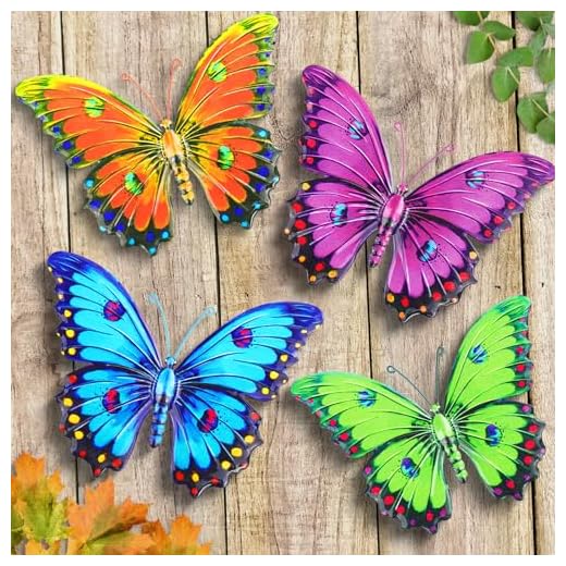 ULENDIS Metal Butterfly Wall Decor, 9.6" 3D Outdoor Fence Wall Art Decor, Hanging Decoration for Garden Backyard Living Room Balcony Patio Indoor, Gift for Mom Kids Family Friends(4 Pack)