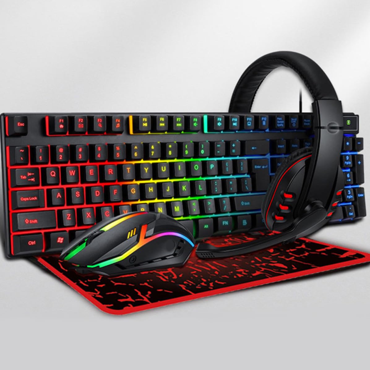 Juego de Teclado, Ratón Ergonómico y Auriculares Alfombrilla para Ordenador, Diseño Especial en Abs, Conexión USB 2.0 y 3.5mm para Gaming y Oficina