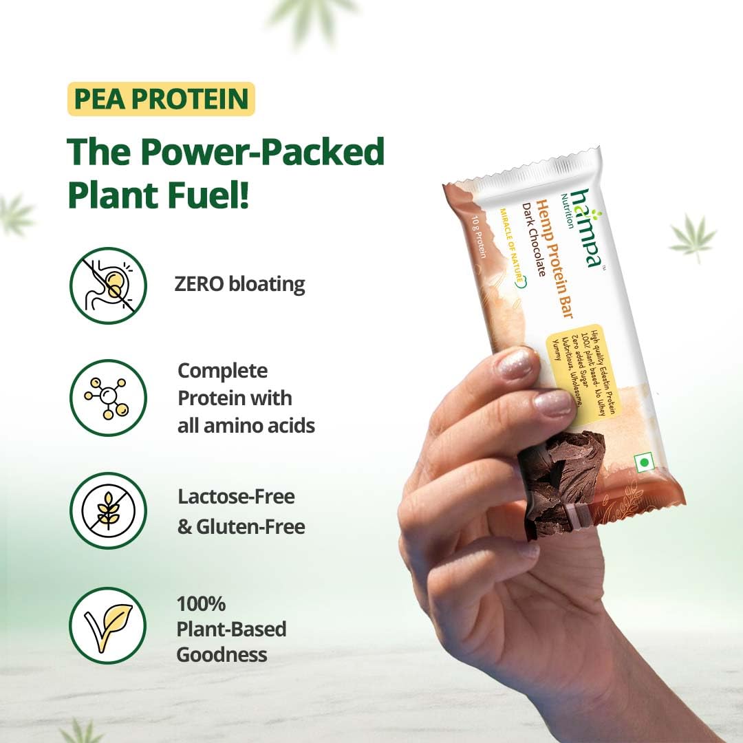 Hampa Ganja Protein Bar 50 G | Dark Chocolate Taste | 10G plant protein | No whey, vegetarian friendly. No pair of sugar, sweet with dates. Snack anytime with adesteine protein. Pack of 6 Hampa Ganja Protein Bar 50 G | Dark Chocolate Taste | 10G plant protein | No whey, vegetarian friendly. No pair of sugar, sweet with dates. Snack anytime with adesteine protein. Pack of 6