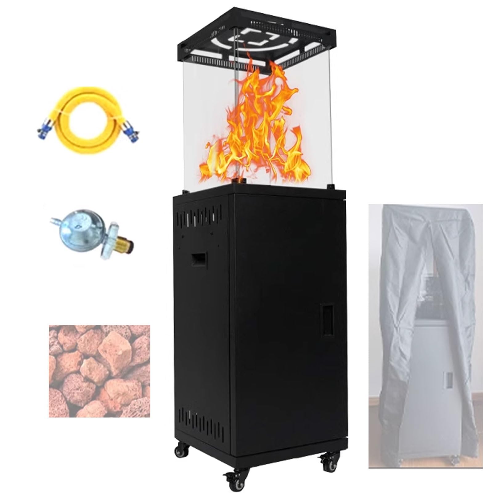 Stufa a gas propano autoportante, 8 kW, con vetro visibile su 4 lati, ruote universali, riscaldatore a pavimento per esterni, giardino e uso domestico